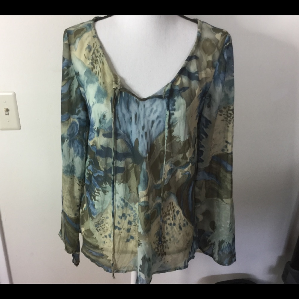 ANNE CHARLES Green Blue Cloud Flowy Blouse Size M